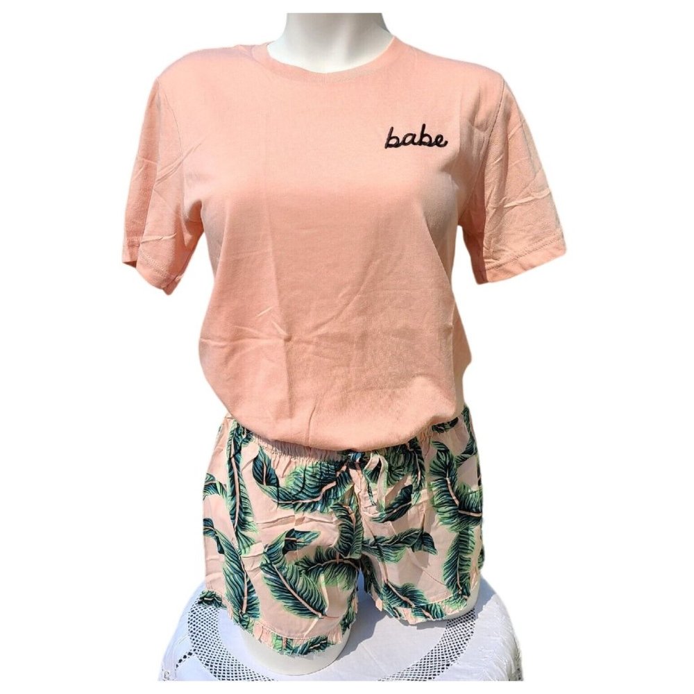 Event Blossom Womens Sleep Set S/M Babe Pink Sleep T Shirt, Tropical Print Short